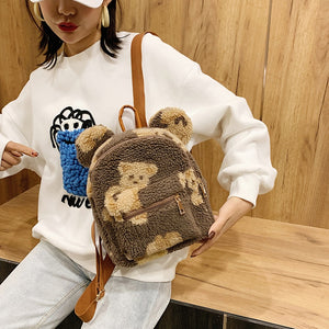 Kawaii Cartoon Bear Fleece Womens Backpack