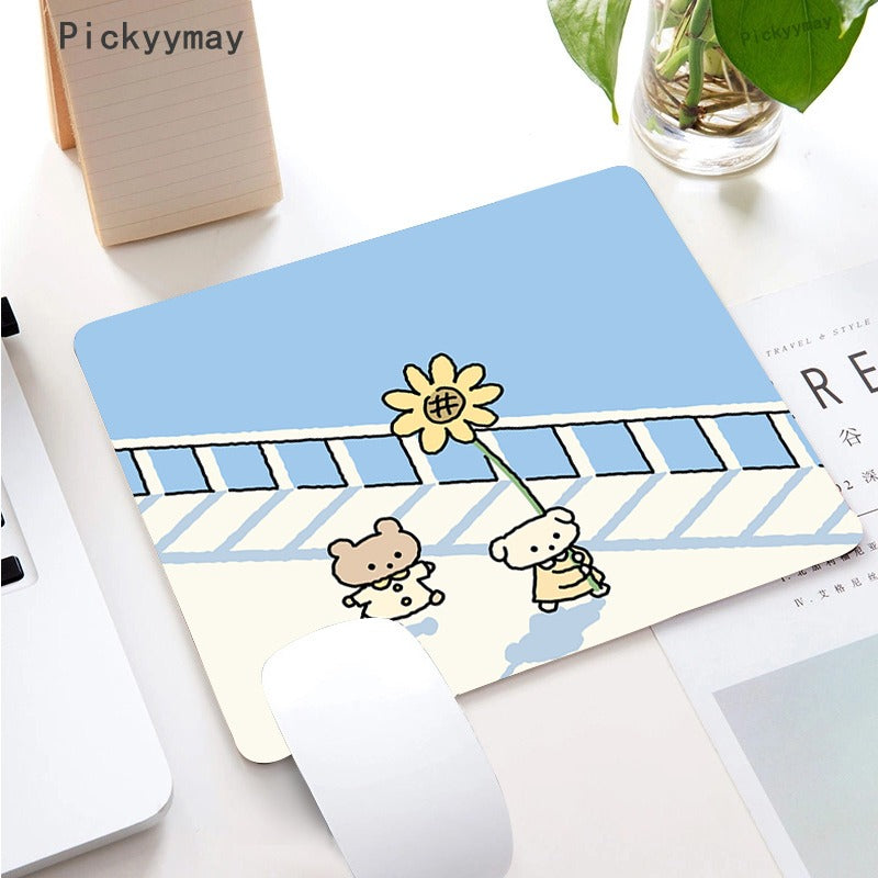 Pastel Cartoon Bear and Flower Mouse Pad
