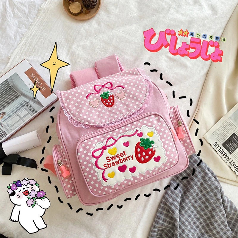 Kawaii Girls Pink Sweet Strawberry Polka Dot Backpack