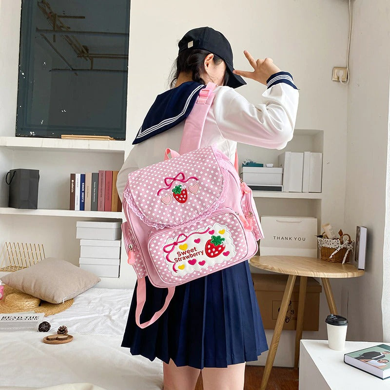 Kawaii Girls Pink Sweet Strawberry Polka Dot Backpack