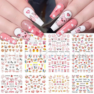 Pink Pigs and Hearts Nail Art Decals