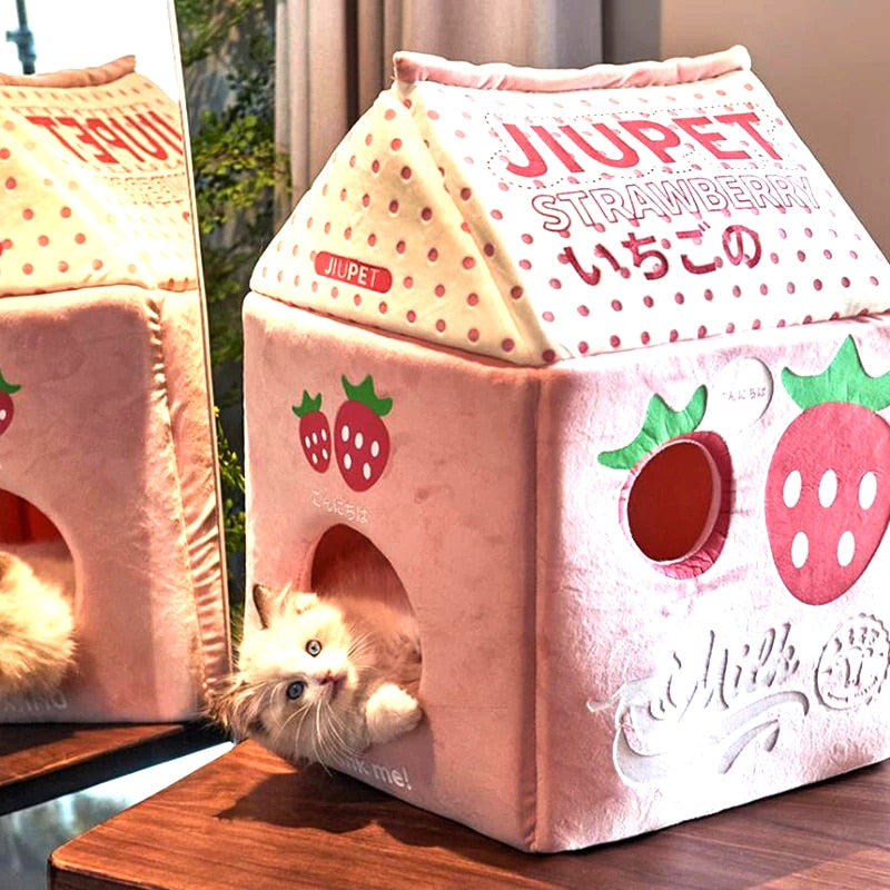 Strawberry Milk Carton Cat & Puppy House