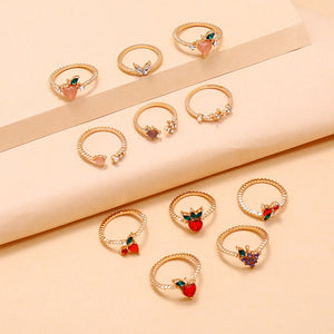 Rings For Girls - 11 Pcs/Set Sweet Crystal Rings - Rennoya Kawai