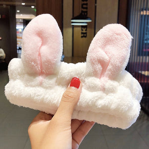 Womens White Pink Rabbit Ears Fleece Headband