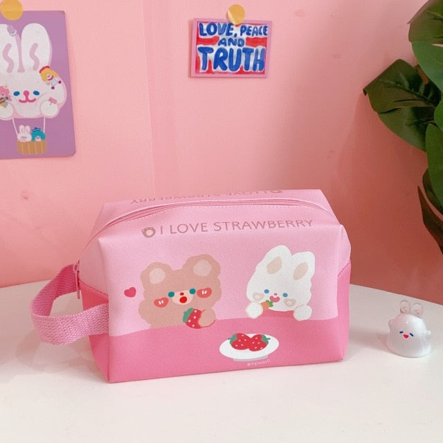 I Love Strawberry Cartoon Bear and Bunny Cosmetic Travel Bag