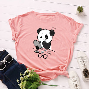Pink Women Kawaii Design Panda Makeup graphic Tshirt
