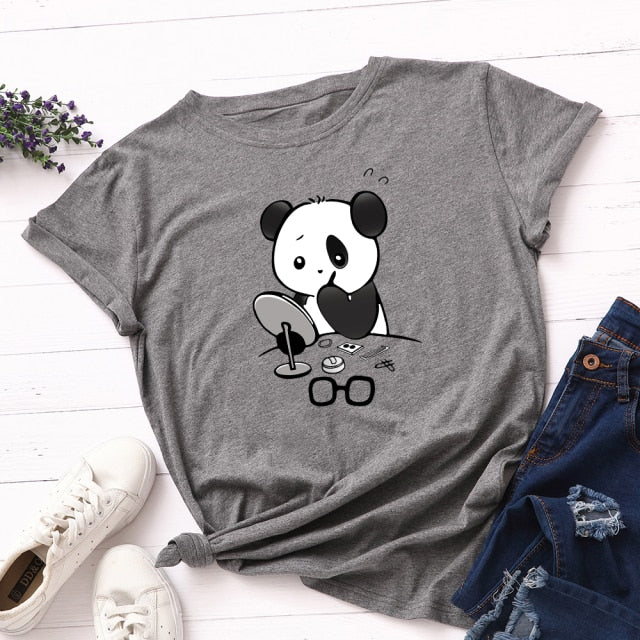 Grey Women Kawaii Design Panda Makeup graphic Tshirt