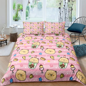 Cartoon Boba Bear Pink Duvet Cover and Pillow Cases