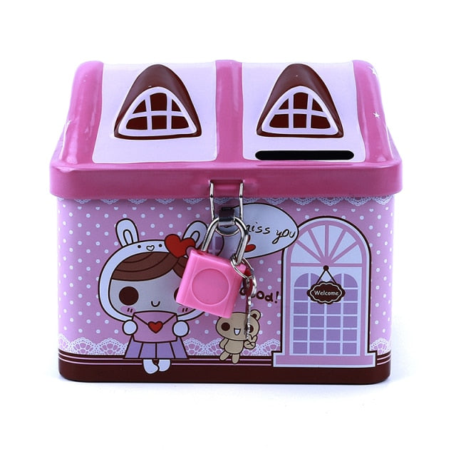 Kawaii Kids Cartoon Metal Tin House Shape Piggy Bank Safe