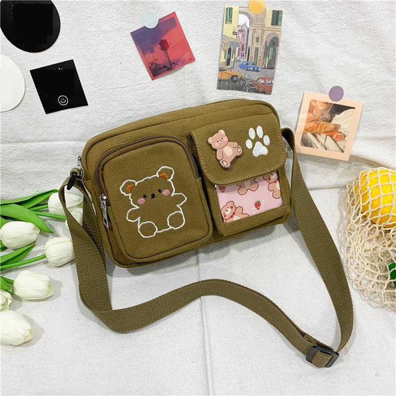 Green women's kawaii cartoon bear canvas messenger bag