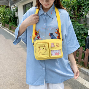 Yellow women's kawaii cartoon bear canvas messenger bag