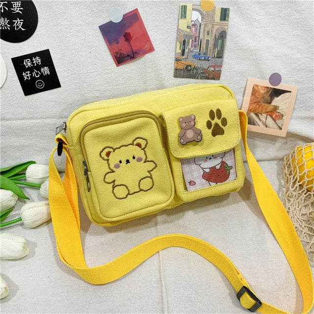 Yellow women's kawaii cartoon bear canvas messenger bag