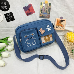 Blue women's kawaii cartoon bear canvas messenger bag