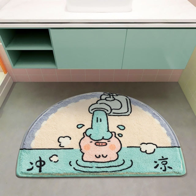 Cartoon Pink Pig Faucet Bathroom Rug Mat