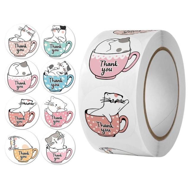 Cute Cats in Thank You mug with different poses 500 piece sticker roll
