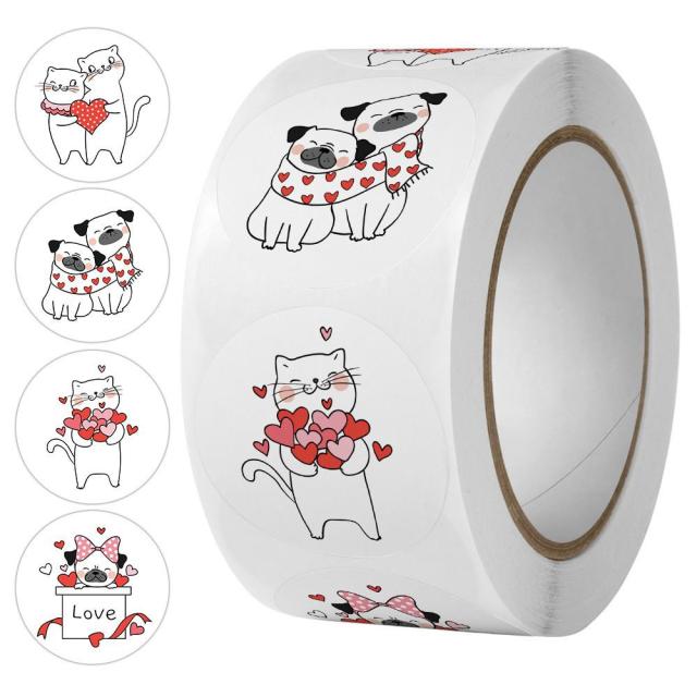 Cute Dogs and Cats with Hearts and Love 500 piece sticker roll