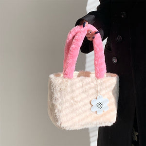 Womens Plush Pink and Beige Fur Handbag